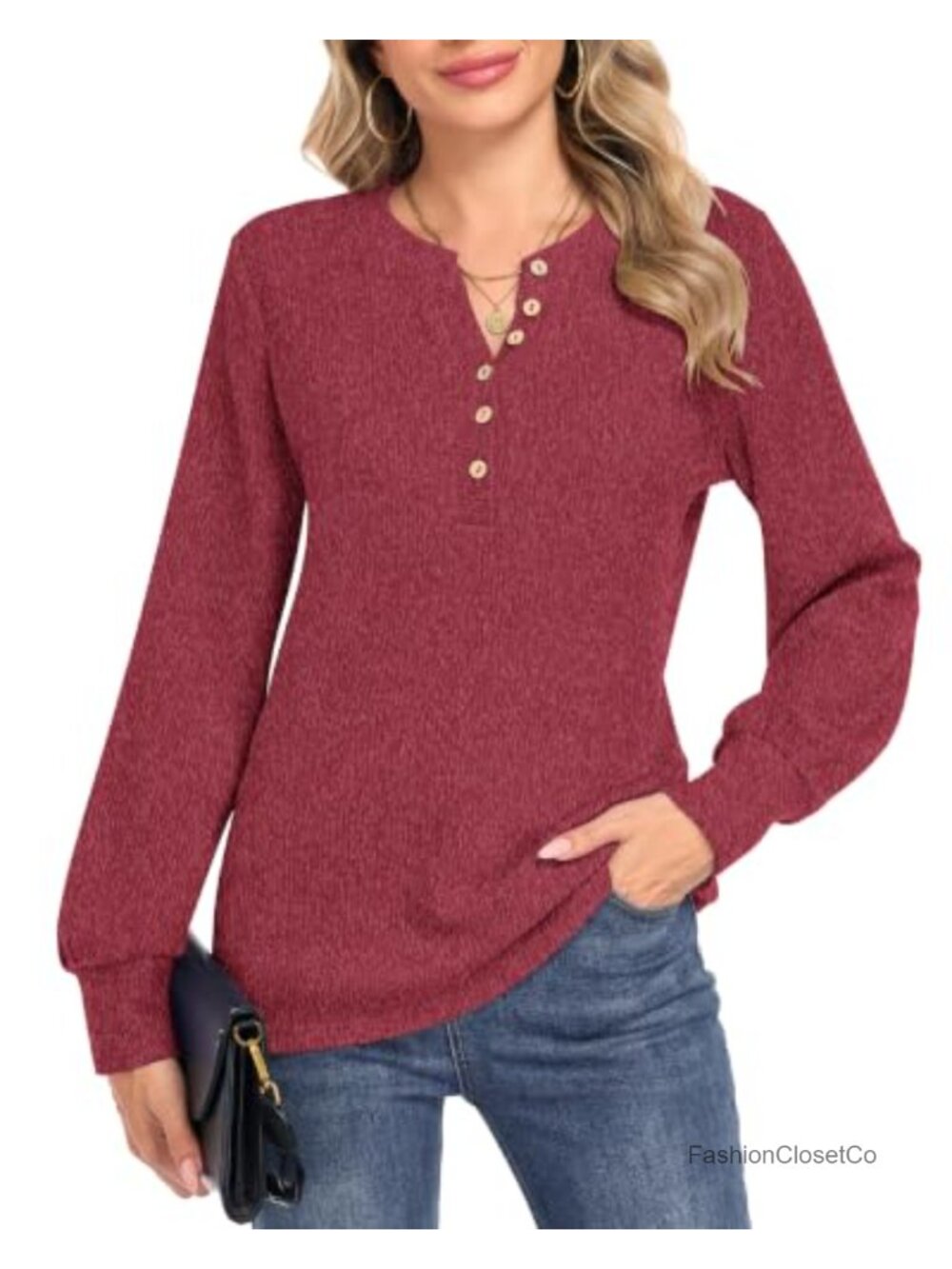 Women's Henley Long Sleeve Pullover Sweater Relaxed Fit